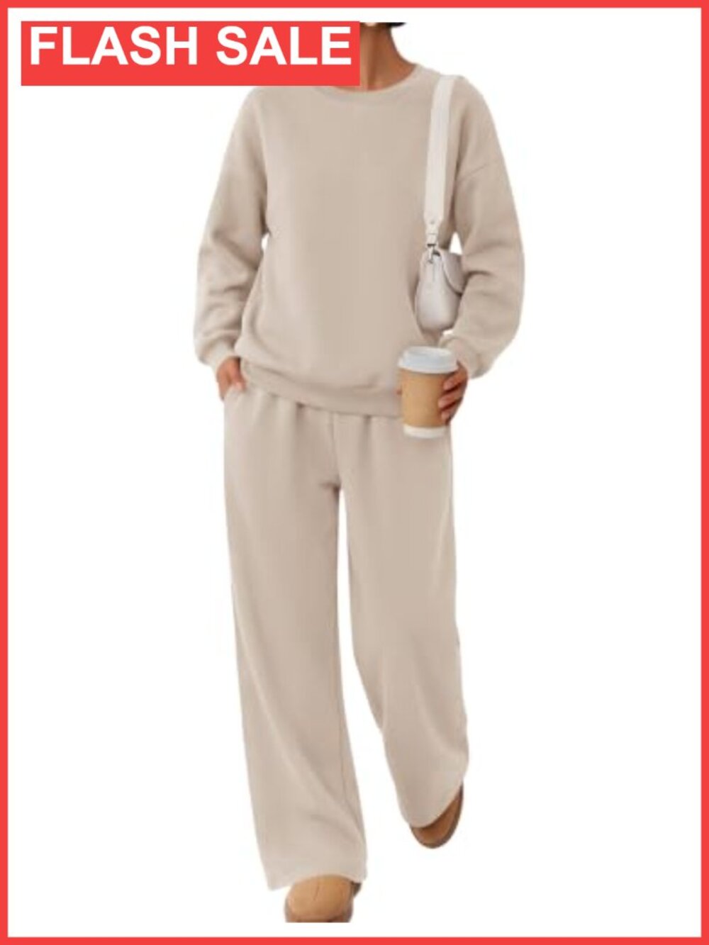 2 Piece Fleece Lined Sweatsuit Set Crewneck Sweatshirt Wide Leg Sweatpants
